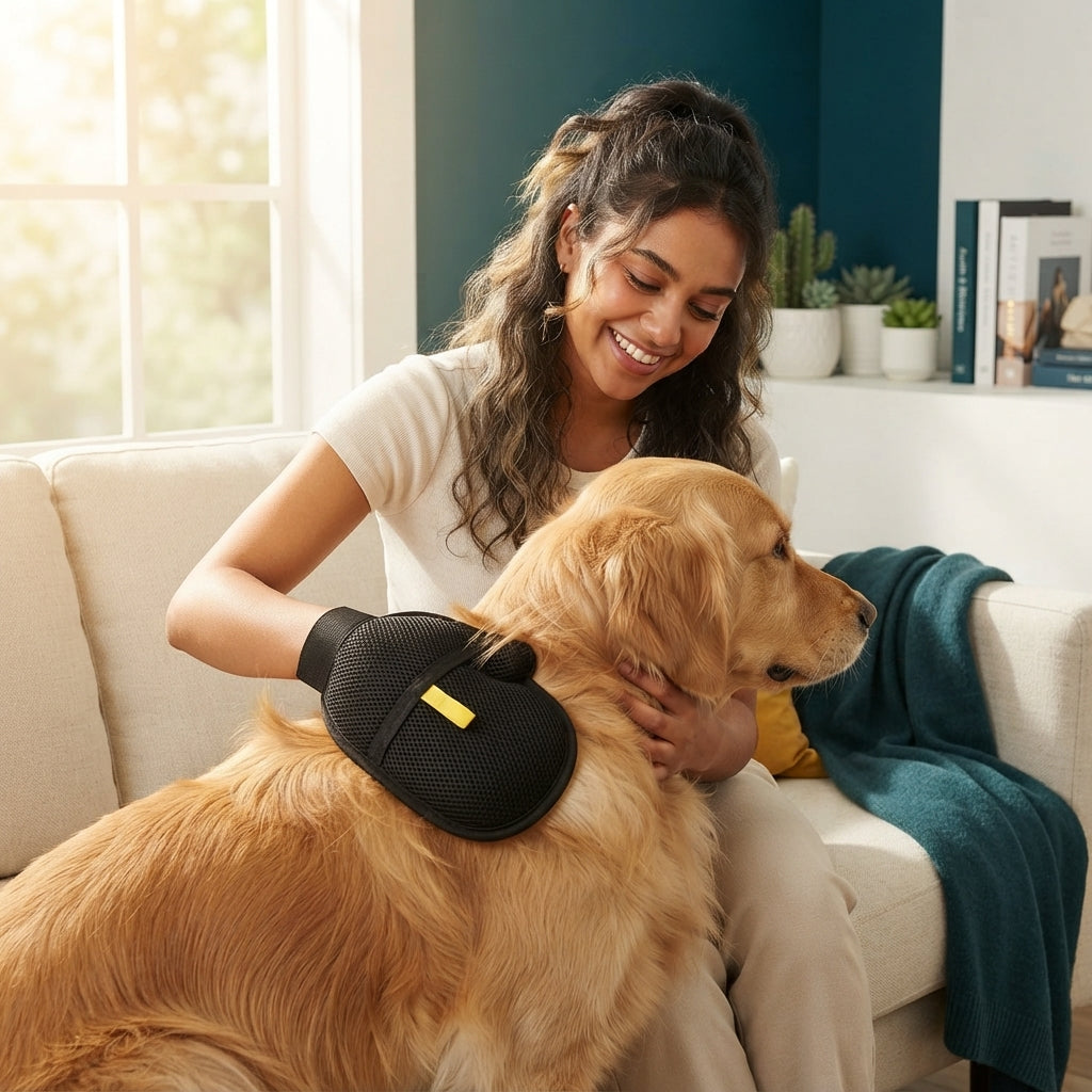 A woman using a breathable mesh pet hair remover glove to groom a golden retriever on a sofa in a bright, modern living room.