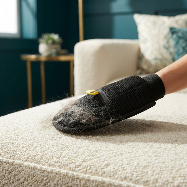 A close-up view of a mesh pet hair remover glove lifting hair from a cream sofa fabric.