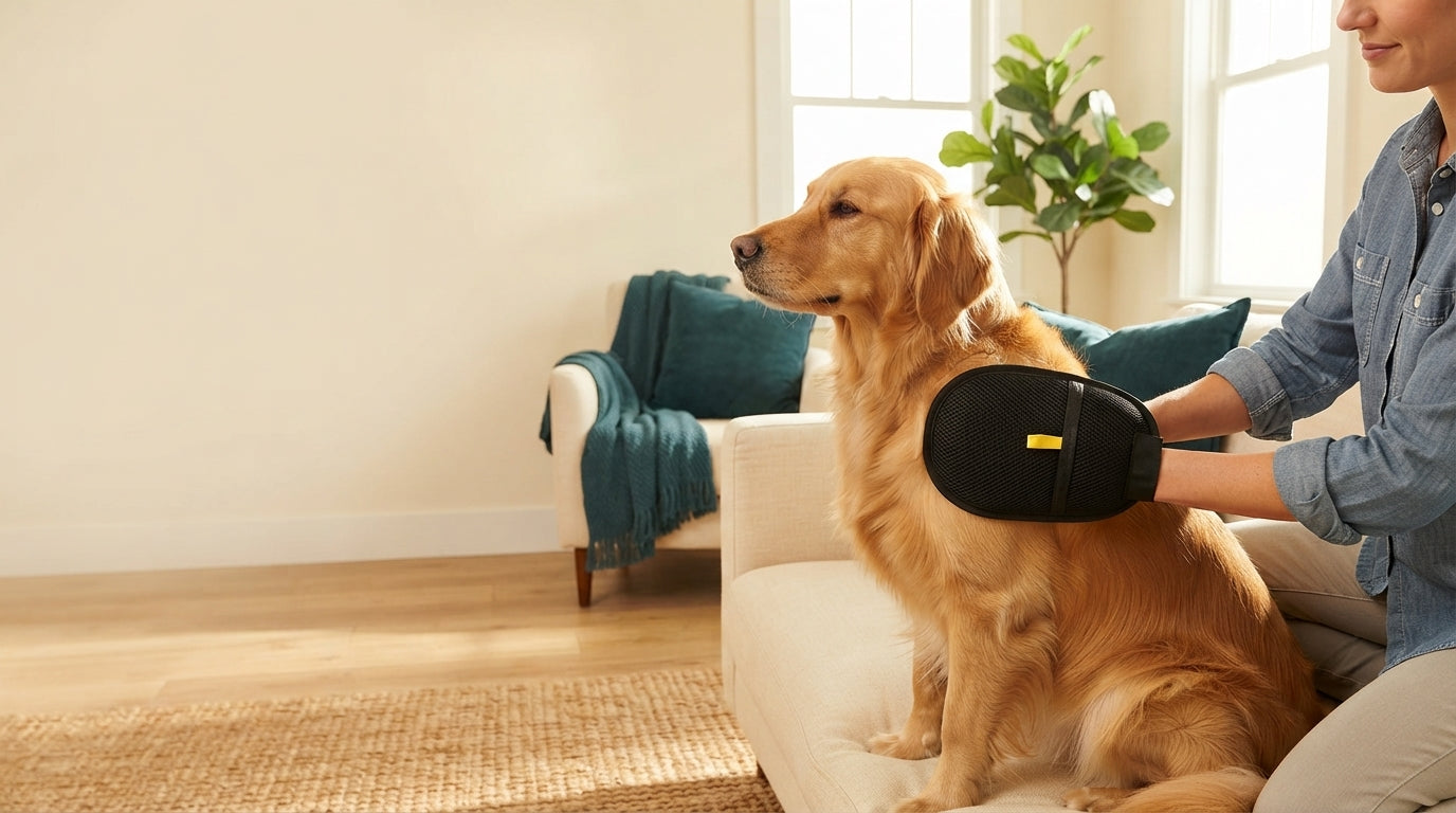 A person using a breathable mesh pet grooming glove to brush a golden retriever in a bright, modern living room.