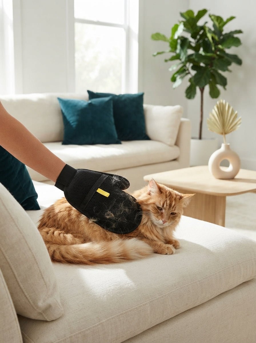A person wearing a breathable mesh pet hair removal glove grooming a cat on a cream-colored sofa in a modern room.